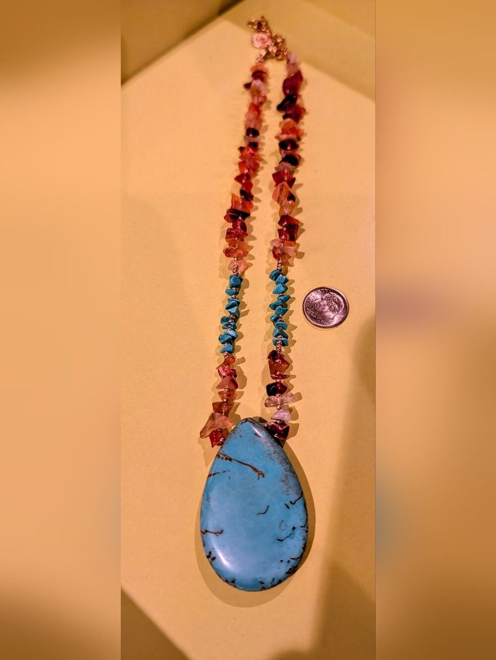 Turquoise Teardrop Pendant Necklace with Carnelian Turquoise Gemstone Chips